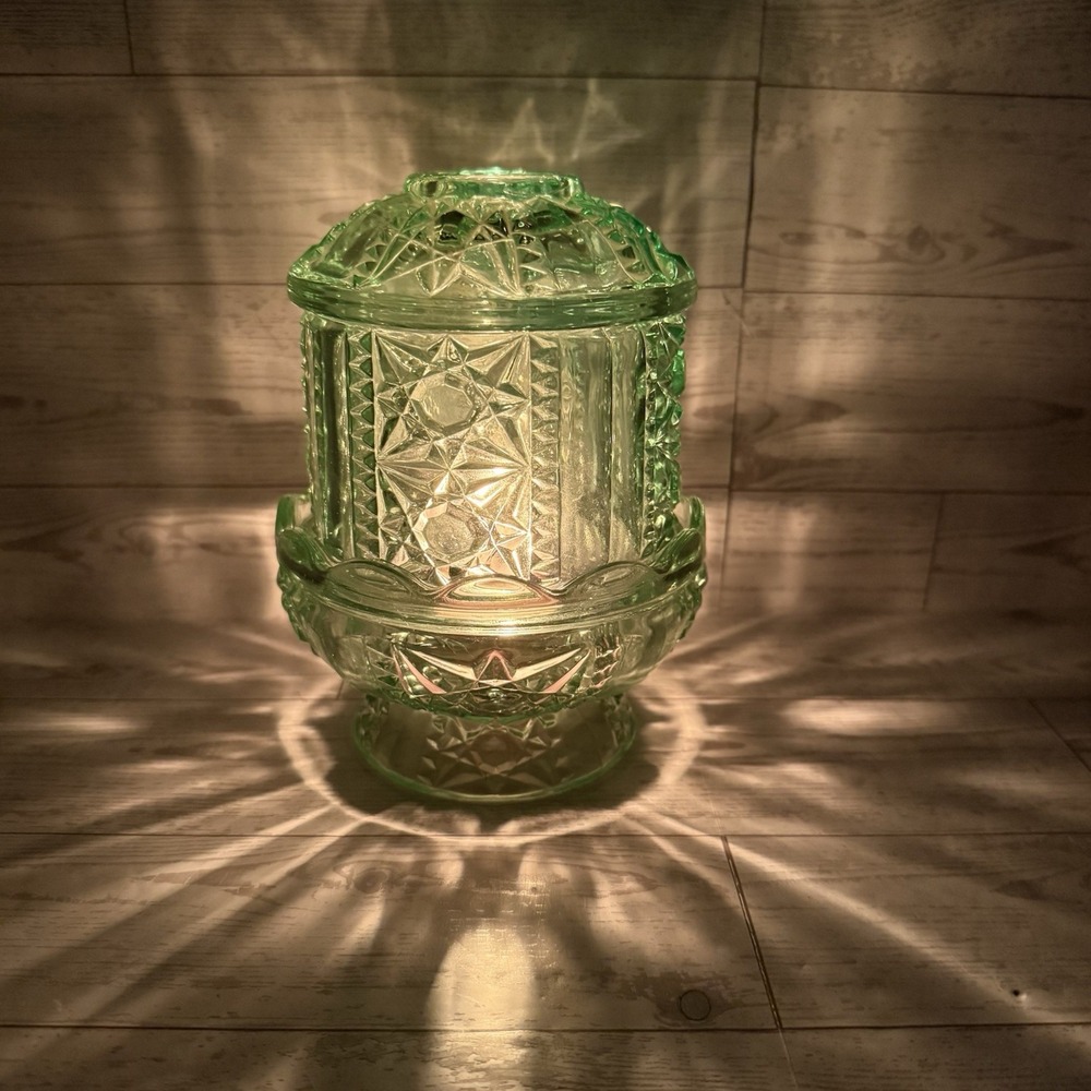 Vintage Indiana Glass Chantilly Green Stars & Bars Fairy Lamp Candleholder